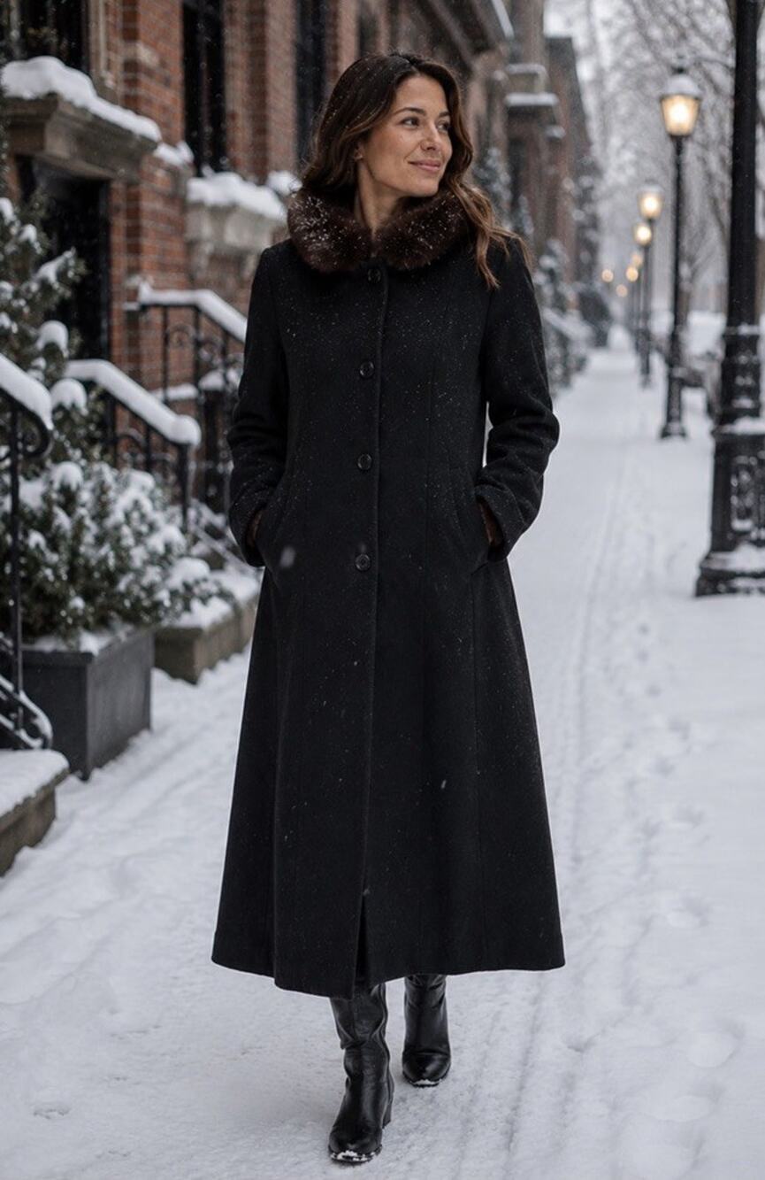 Andrea Women’s 100% Wool Coat Sz 16P Fox Fur Trim Hood Pockets Lined